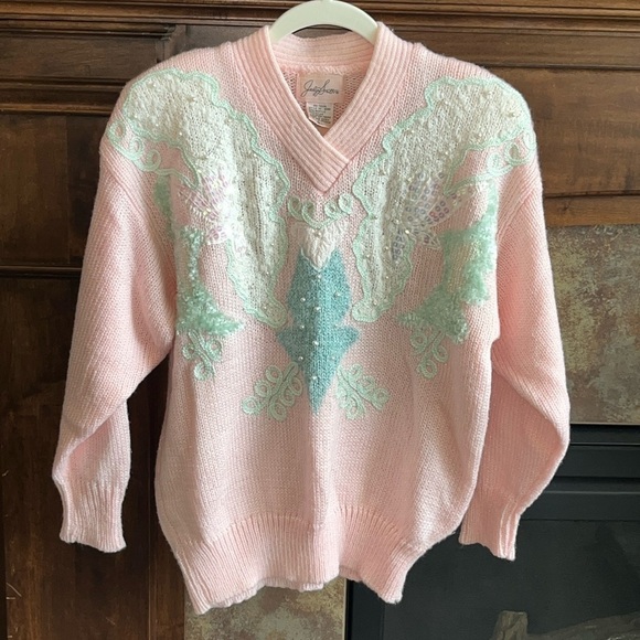 Vintage Sweaters - Vintage 1980s Pastel pink beachy mermaid grandma sweater mixed media artsy L